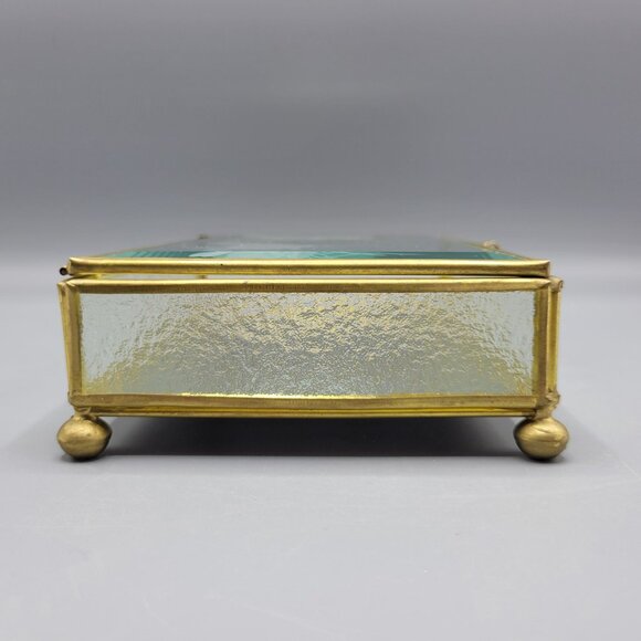 Vintage Flambro Glass Jewelry Box Etched Butterfly Design Brass Frame Taiwan - Picture 9 of 16
